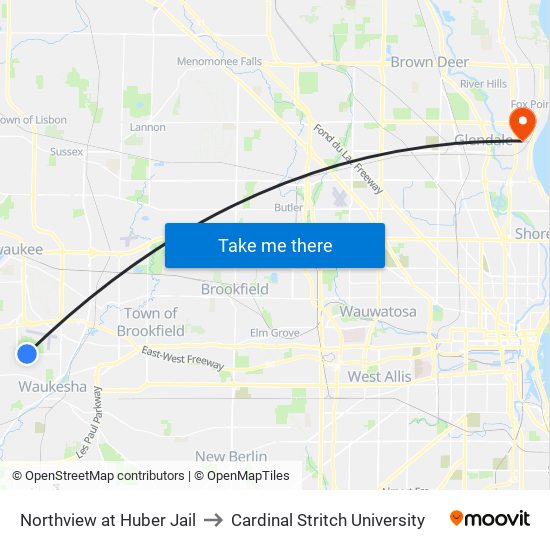 Northview at Huber Jail to Cardinal Stritch University map