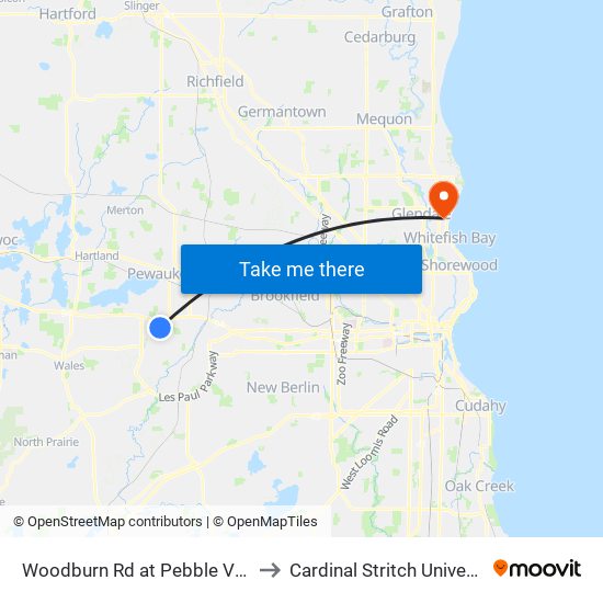 Woodburn Rd at Pebble Valley to Cardinal Stritch University map