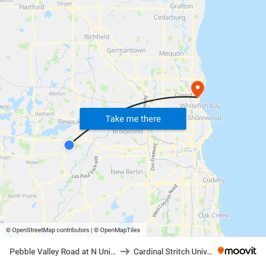 Pebble Valley Road at N University to Cardinal Stritch University map