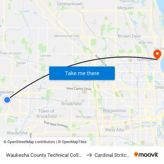 Waukesha County Technical College at College Center to Cardinal Stritch University map