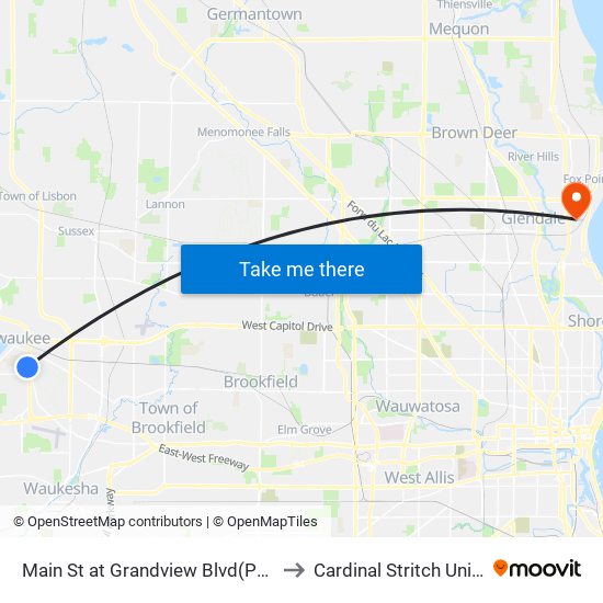 Main St at Grandview Blvd(Pewaukee) to Cardinal Stritch University map