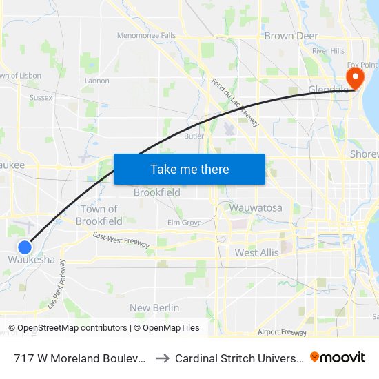 717 W Moreland Boulevard to Cardinal Stritch University map