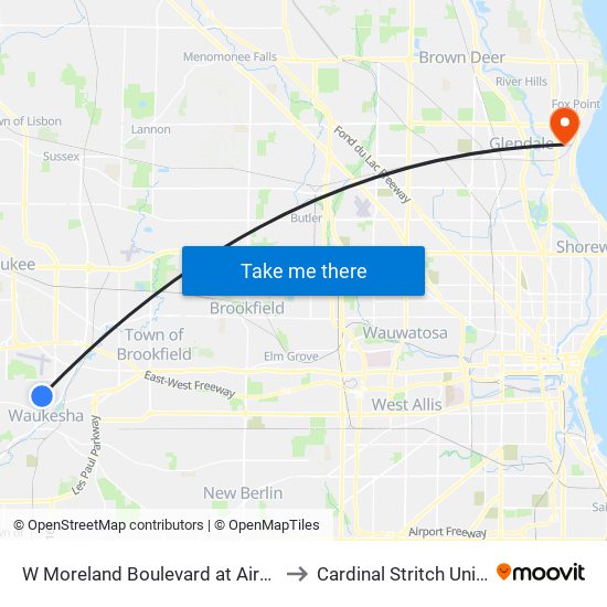 W Moreland Boulevard at Airport Road to Cardinal Stritch University map