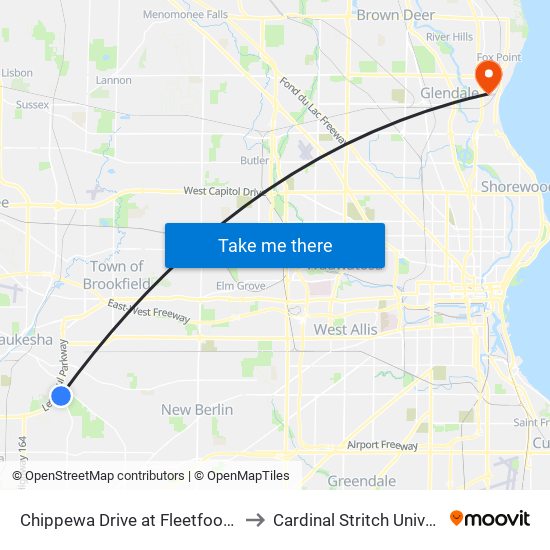 Chippewa Drive at Fleetfoot Drive to Cardinal Stritch University map