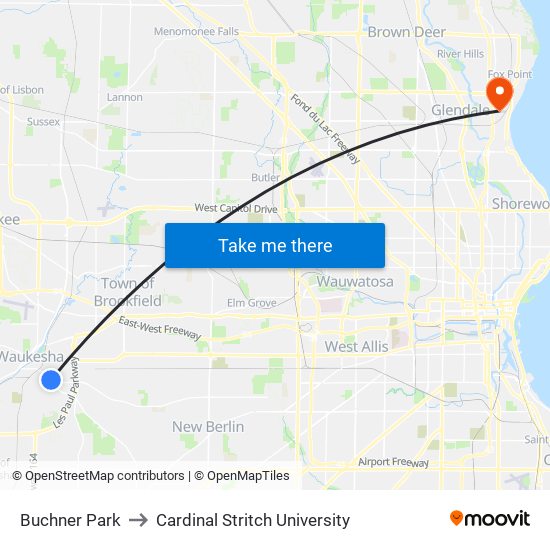 Buchner Park to Cardinal Stritch University map