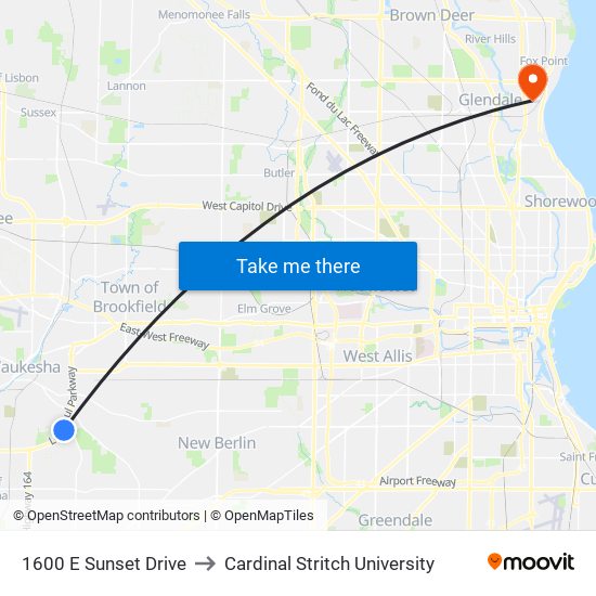1600 E Sunset Drive to Cardinal Stritch University map