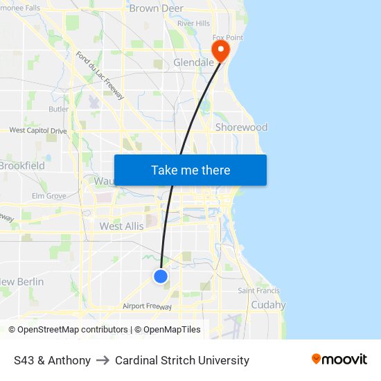 S43 & Anthony to Cardinal Stritch University map