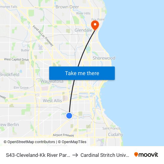 S43-Cleveland-Kk River Parkway to Cardinal Stritch University map