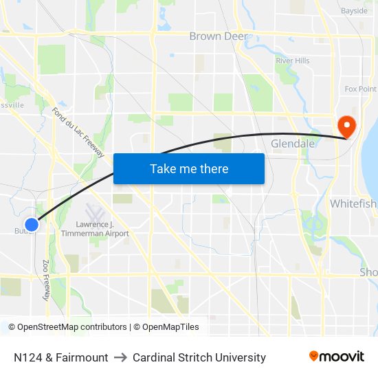 N124 & Fairmount to Cardinal Stritch University map