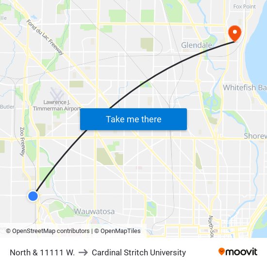 North & 11111 W. to Cardinal Stritch University map