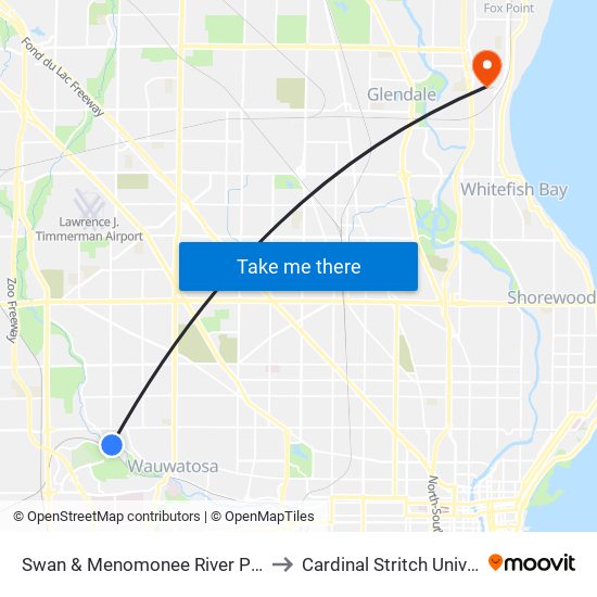 Swan & Menomonee River Parkway to Cardinal Stritch University map
