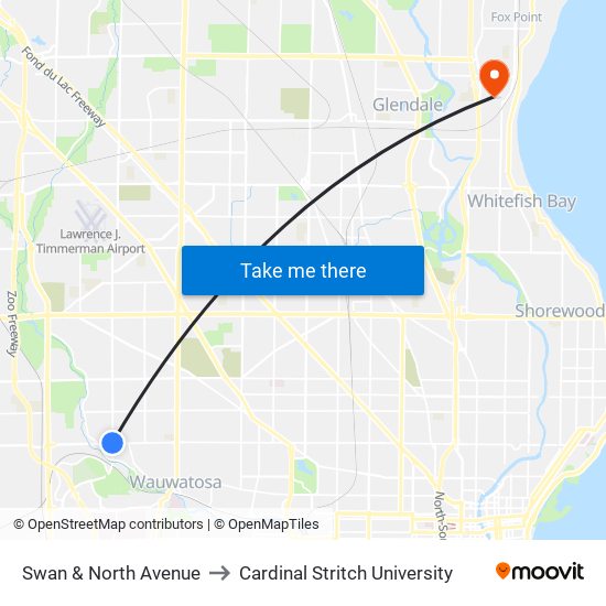 Swan & North Avenue to Cardinal Stritch University map