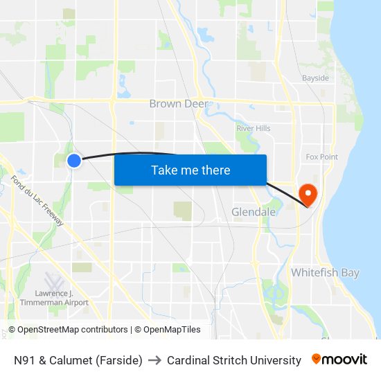 N91 & Calumet (Farside) to Cardinal Stritch University map
