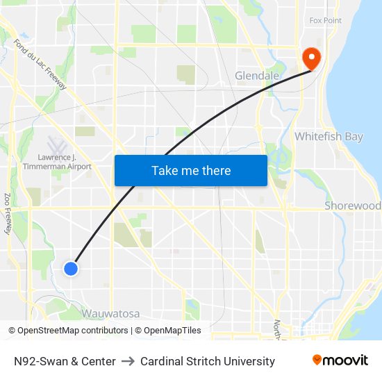 N92-Swan & Center to Cardinal Stritch University map