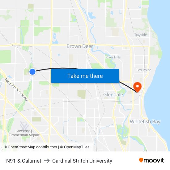 N91 & Calumet to Cardinal Stritch University map