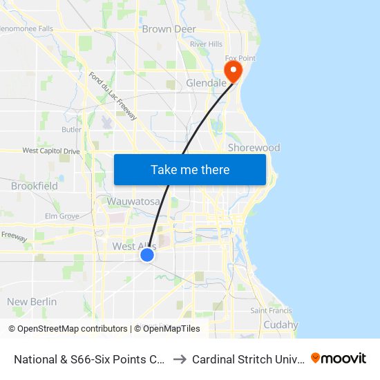 National & S66-Six Points Crossing to Cardinal Stritch University map