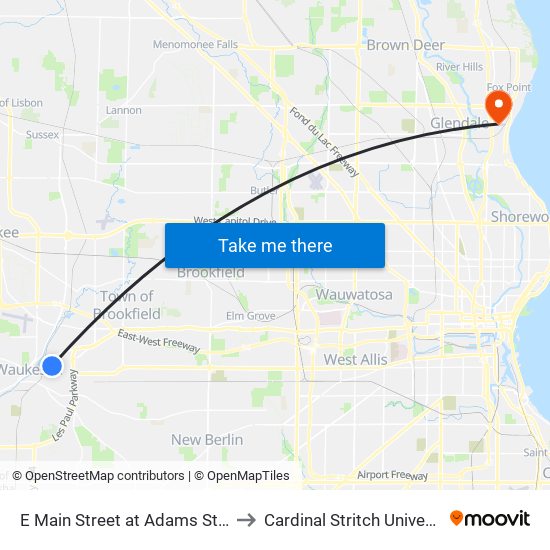 E Main Street at Adams Street to Cardinal Stritch University map