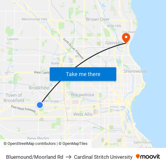 Bluemound/Moorland Rd to Cardinal Stritch University map