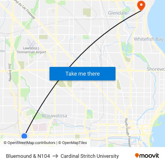 Bluemound & N104 to Cardinal Stritch University map