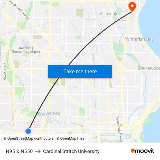 N95 & N550 to Cardinal Stritch University map