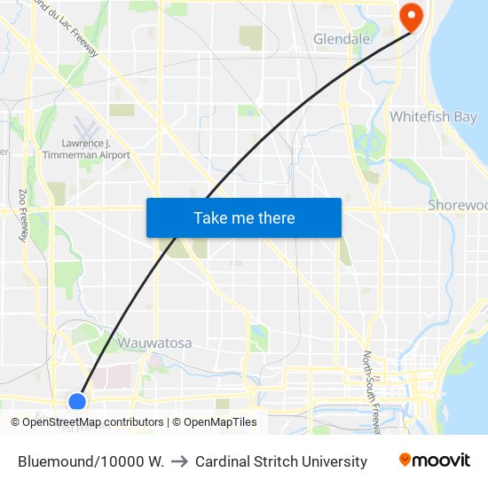 Bluemound/10000 W. to Cardinal Stritch University map