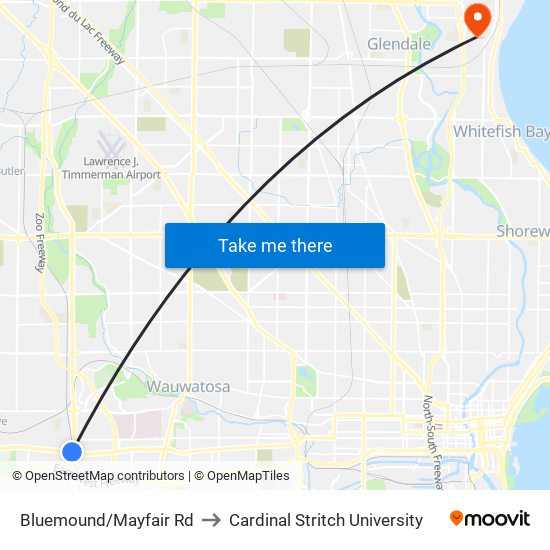 Bluemound/Mayfair Rd to Cardinal Stritch University map