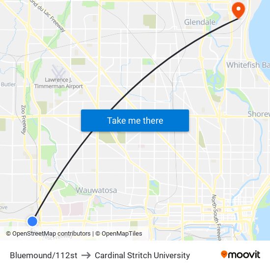 Bluemound/112st to Cardinal Stritch University map