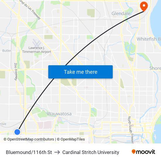 Bluemound/116th St to Cardinal Stritch University map