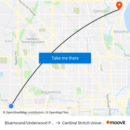 Bluemound/Underwood Pkwy to Cardinal Stritch University map