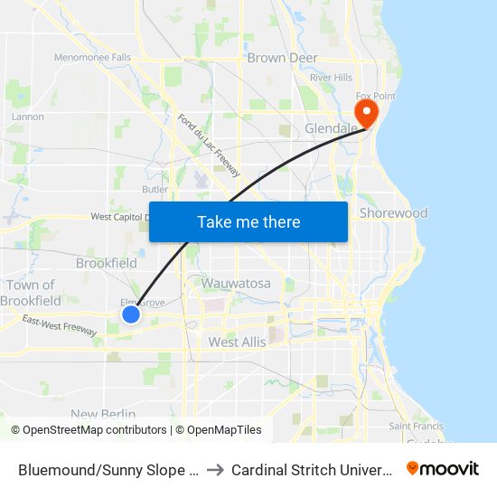 Bluemound/Sunny Slope Rd to Cardinal Stritch University map