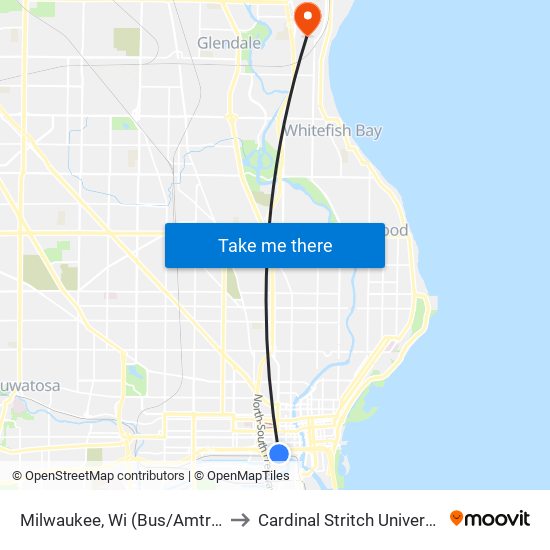 Milwaukee, Wi (Bus/Amtrak) to Cardinal Stritch University map