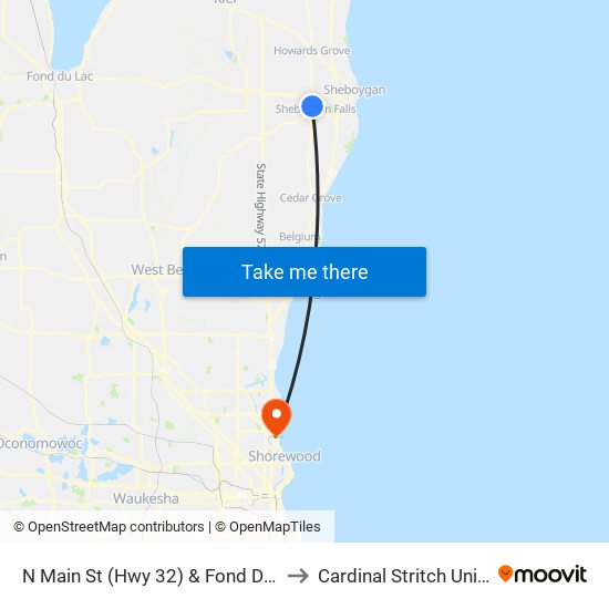 N Main St (Hwy 32) & Fond Du Lac Ave to Cardinal Stritch University map