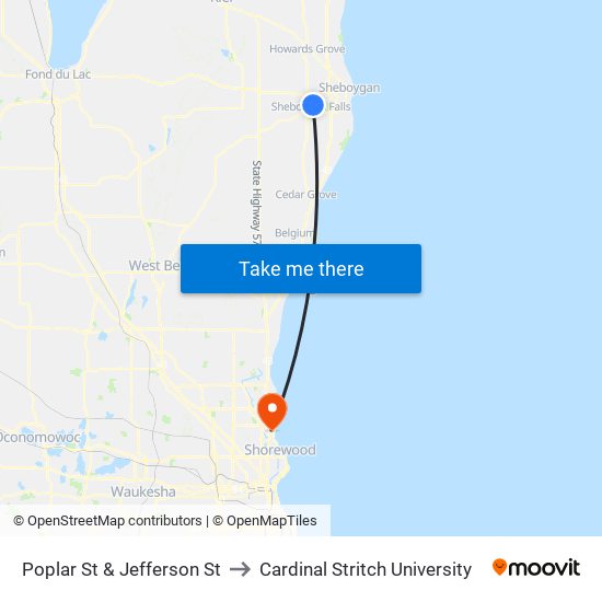 Poplar St & Jefferson St to Cardinal Stritch University map