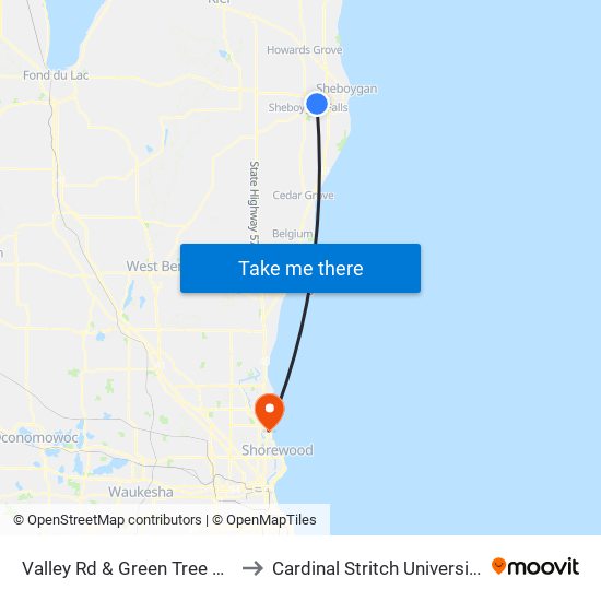 Valley Rd & Green Tree Rd to Cardinal Stritch University map