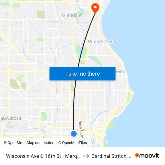 Wisconsin Ave & 16th St - Marquette University to Cardinal Stritch University map