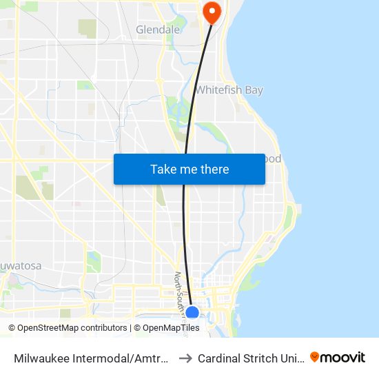Milwaukee Intermodal/Amtrak Station to Cardinal Stritch University map