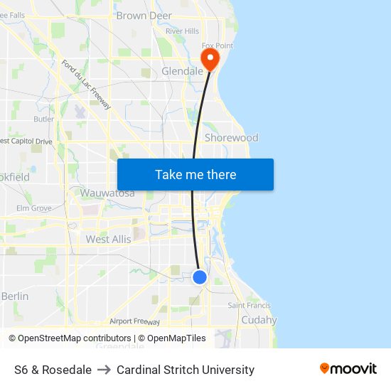 S6 & Rosedale to Cardinal Stritch University map