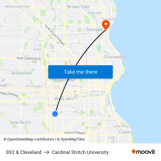 S92 & Cleveland to Cardinal Stritch University map