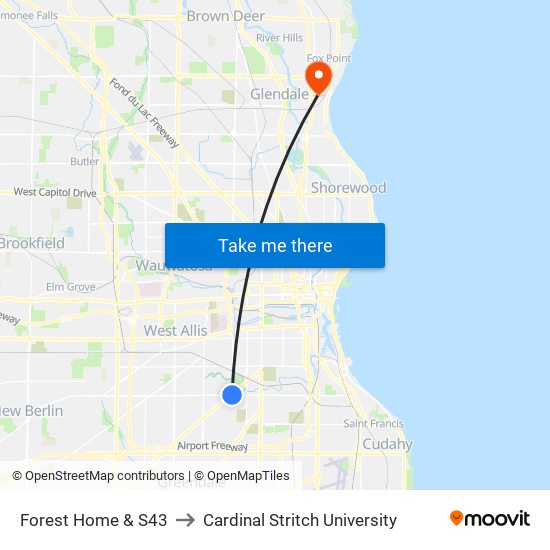 Forest Home & S43 to Cardinal Stritch University map