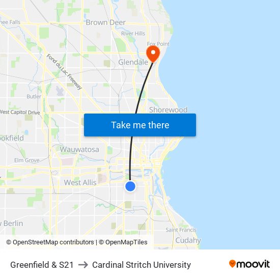 Greenfield & S21 to Cardinal Stritch University map