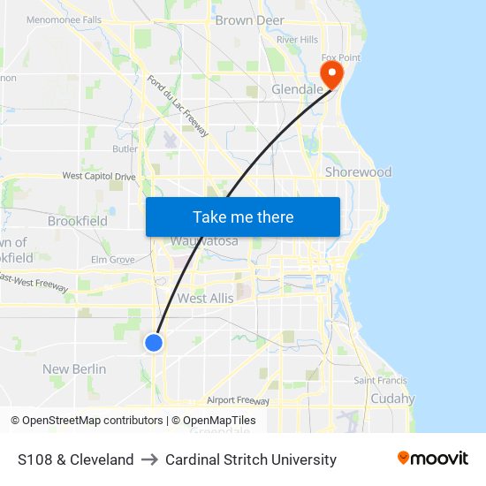 S108 & Cleveland to Cardinal Stritch University map