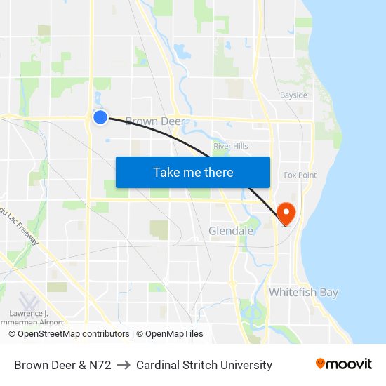 Brown Deer & N72 to Cardinal Stritch University map
