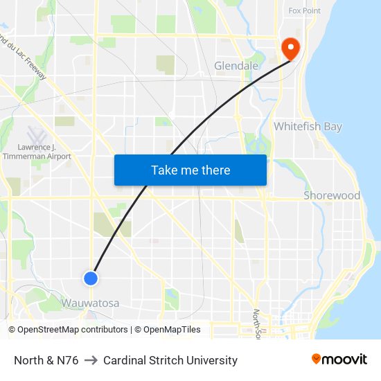 North & N76 to Cardinal Stritch University map