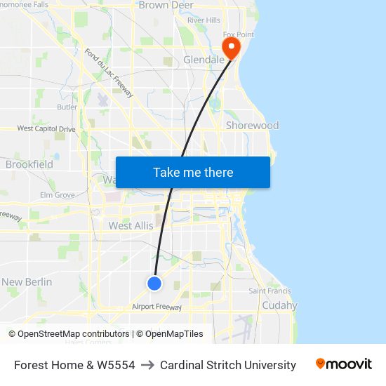 Forest Home & W5554 to Cardinal Stritch University map