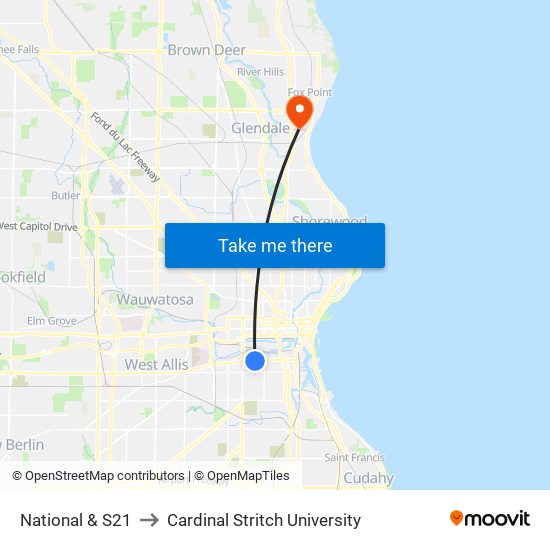 National & S21 to Cardinal Stritch University map