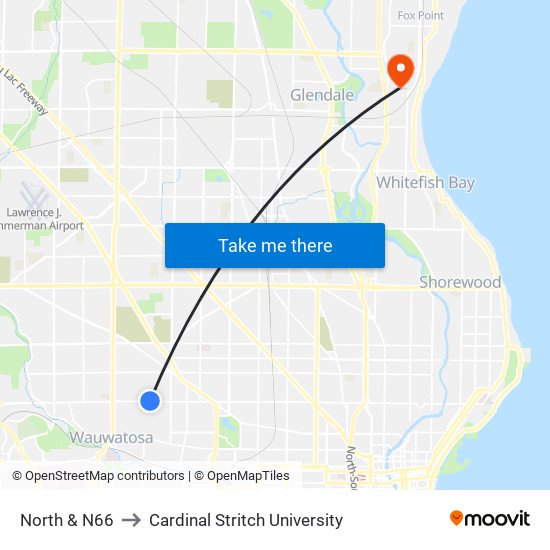 North & N66 to Cardinal Stritch University map