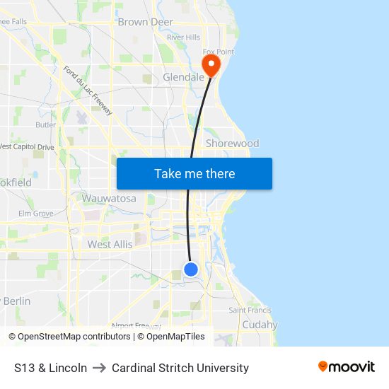 S13 & Lincoln to Cardinal Stritch University map