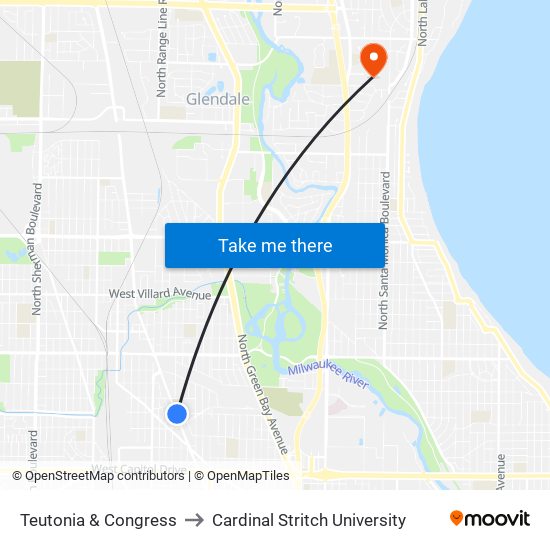 Teutonia & Congress to Cardinal Stritch University map