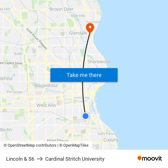 Lincoln & S6 to Cardinal Stritch University map