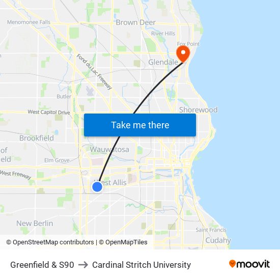 Greenfield & S90 to Cardinal Stritch University map